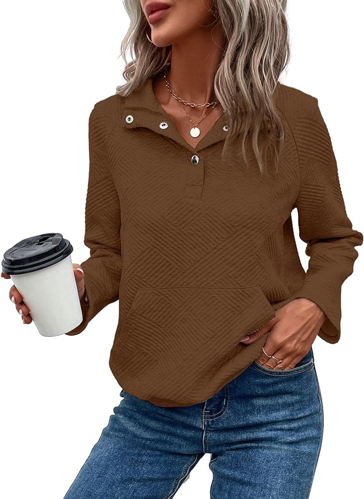 GORGLITTER Women's V Neck Sweatshirt Quilted Pullover Long Sleeve Knit Collar Pullover Tops Fall Clothes