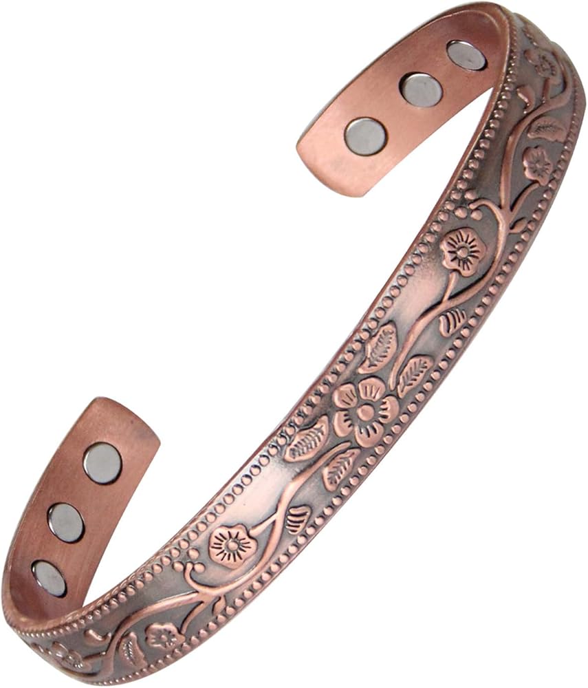 MagEnergy Copper Bracelets for Women, 99.9% Pure Copper Vintage Flower Magnetic Bangle with 3500 Gauss Magnets,Adjustable Cuff Jewelry Gift