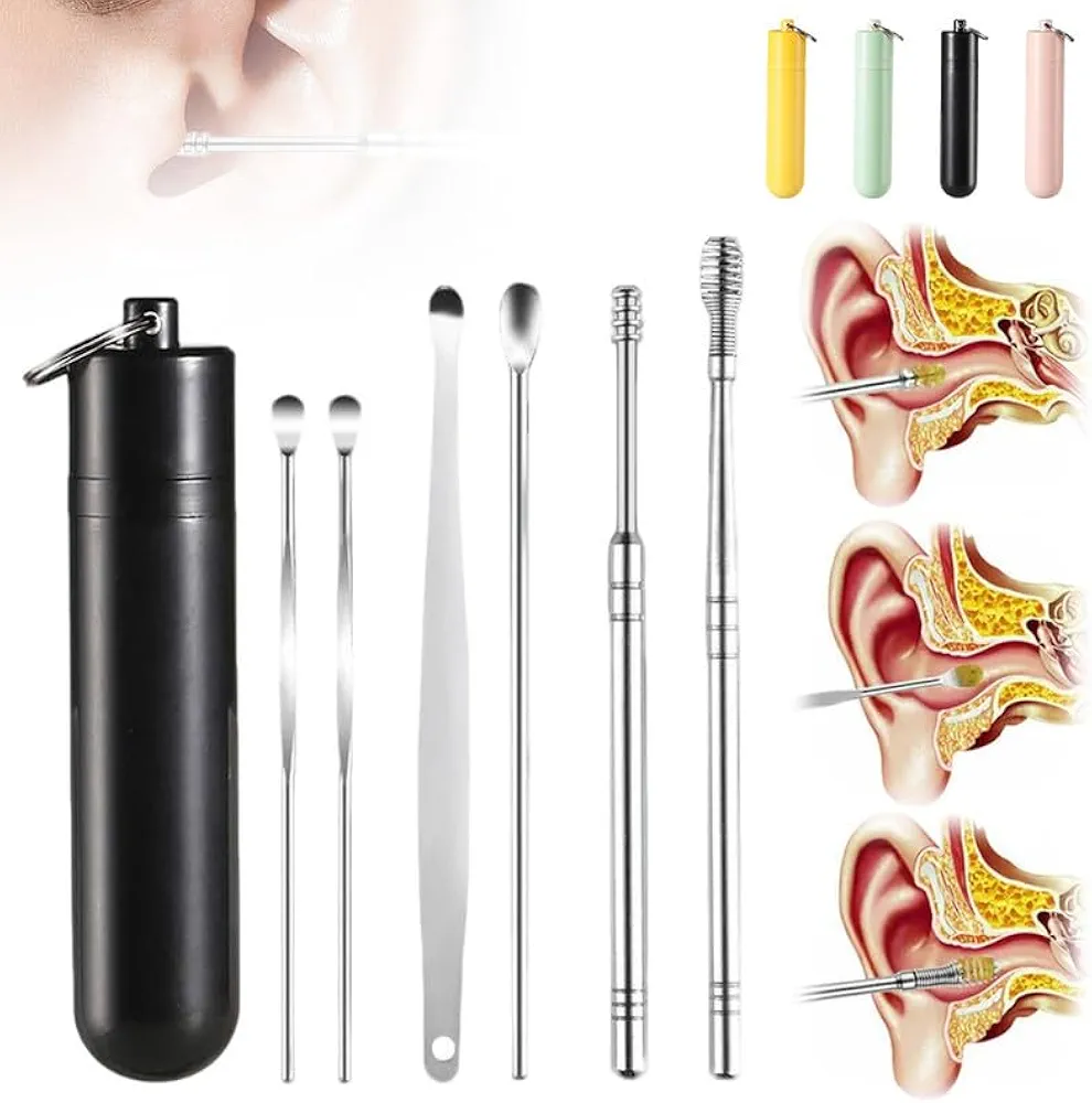 Earwax Cleaner Tool Set, 2024 New Stainless Steel Ear Cleaner Sets with Storage Box, Portable Spiral Earwax Cleaner Tool Set, Manual Ear Wax Removal Kit for Men and Women(Black-Sliver,1pcs)