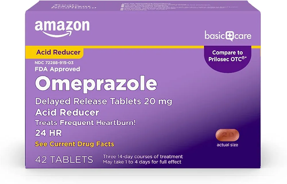 Amazon Basic Care Omeprazole Delayed Release Tablets 20 mg, Acid Reducer, Treats Frequent Heartburn, 42 Count