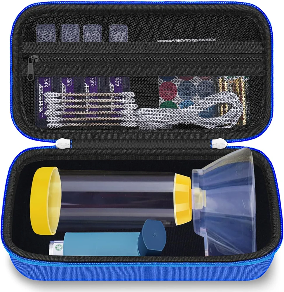 Hard Travel Case for Asthma Inhaler, Inhaler Spacer for Kids and Adults, Masks, Inhaler Holder Asthma Portable Carrying Bag Storage Organizer with Mesh Pocket for Medicine, Blue (CASE ONLY)