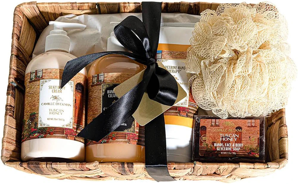 Camille Beckman Essentials Gift Basket, Tuscan Honey, Glycerine Hand Therapy 6 oz, Silky Body Cream 13 oz, Hand and Shower Cleansing Gel 13 oz, Glycerine Soap 3.5 oz