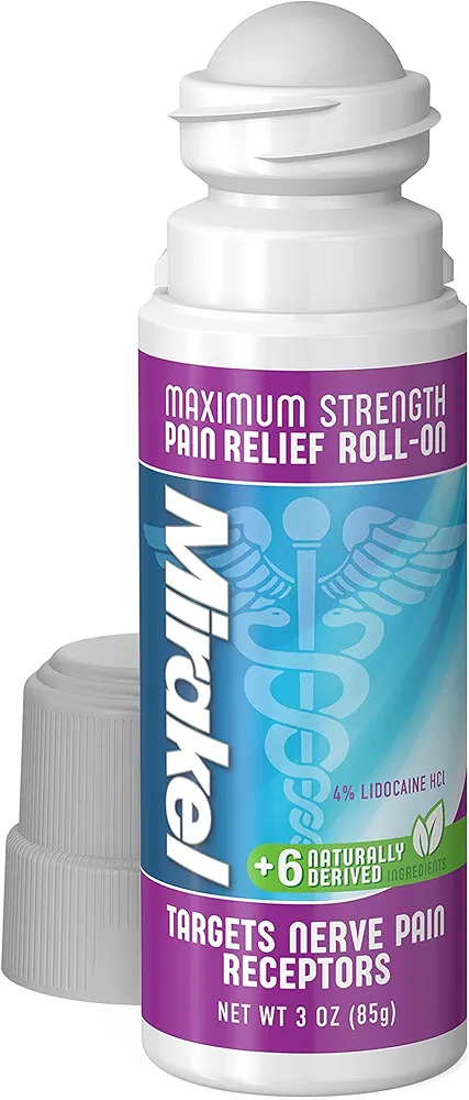 MIRAKEL Nerve Pain Relief Roll-on, Maximum Strength Lidocaine to Relieve Pain in Toes, Feet, Fingers, Hands, Legs & Arms, 3 oz