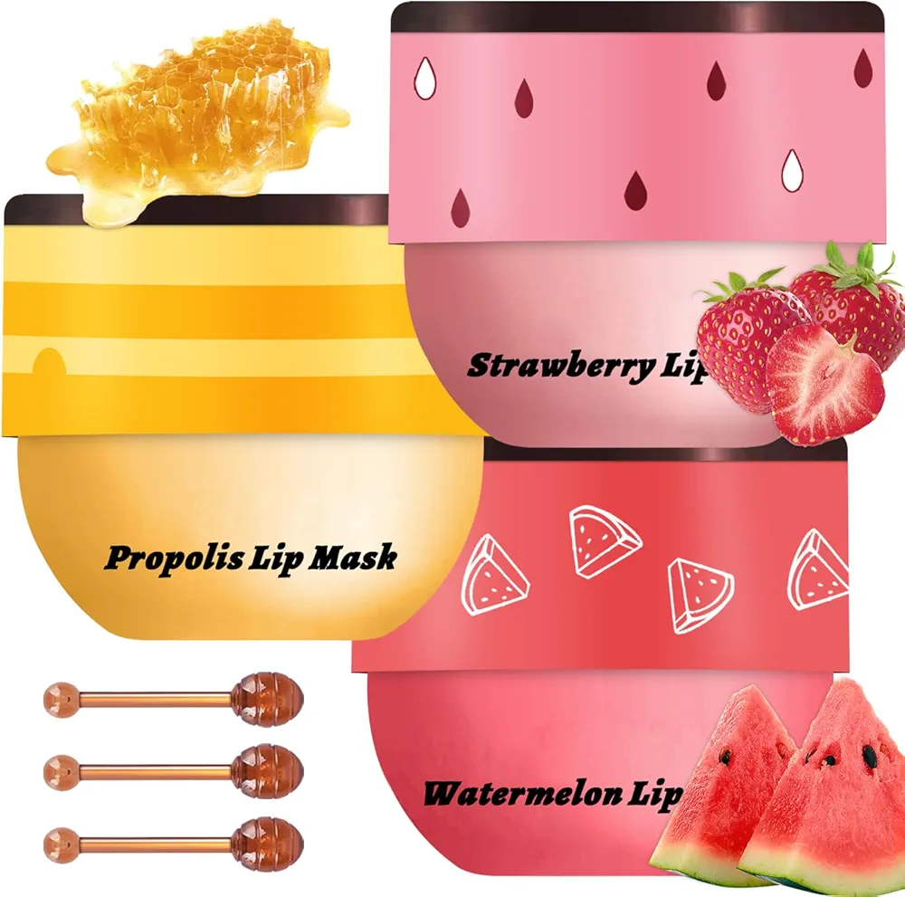 3 Pcs Bee Lip Balm Honey Pot, Honey Strawberry Watermelon Lip Mask Overnight, Moisturizing Sleeping Lip Mask, Hydrate Repair Prevent Dry Cracked Lip Care (Honey+Strawberry+Watermelon)