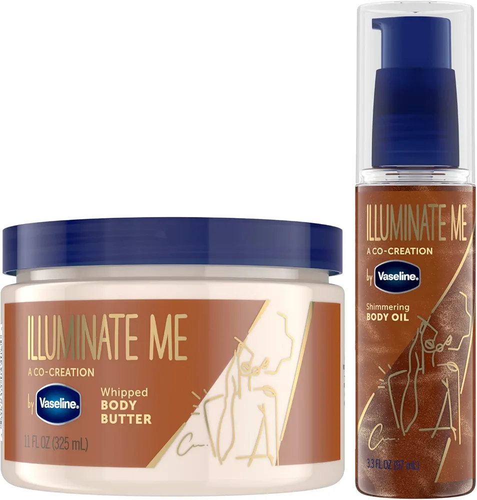 Vaseline Illuminate Me Body Butter & Body Oil - Shimmering Body Bronzer, Hydrating Whipped Organic Shea Butter with 24-Hour Moisture for Melanin-Rich Skin, Radiant Body Glow Oil (2 Piece Set)