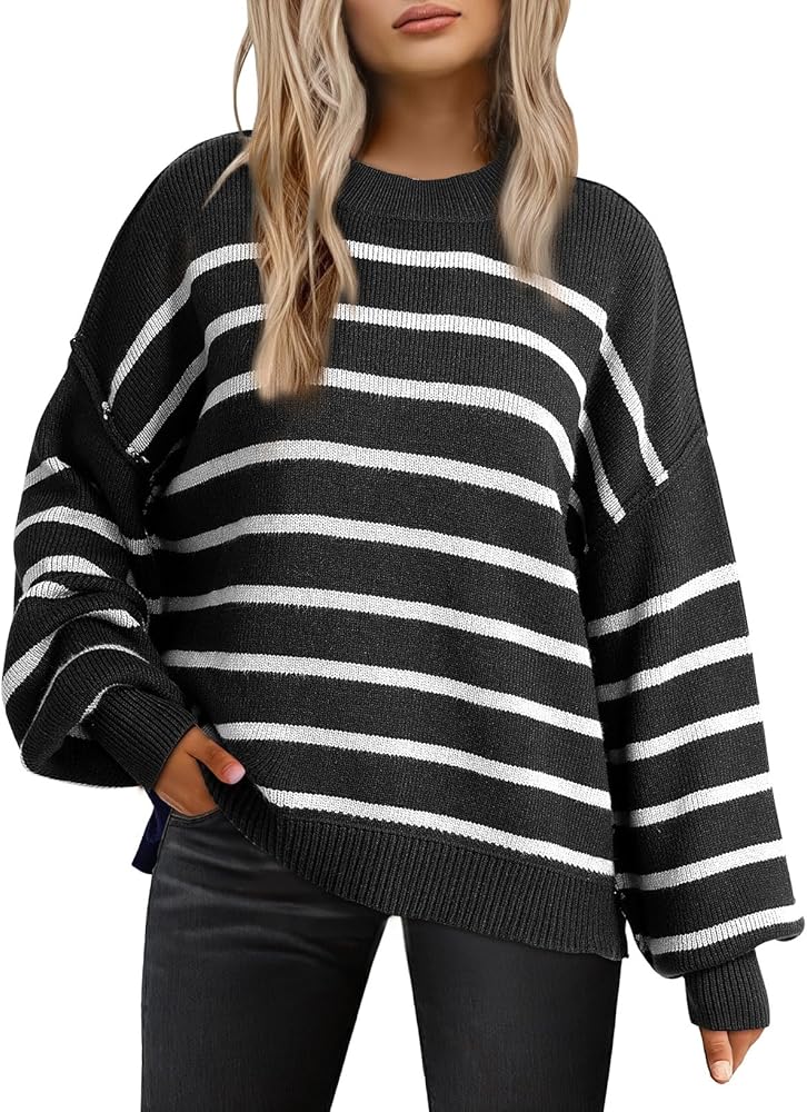 Dokotoo Womens Sweater 2024 Fall Winter Striped Sweaters Casual Seam on Outside Design Trendy Sweater