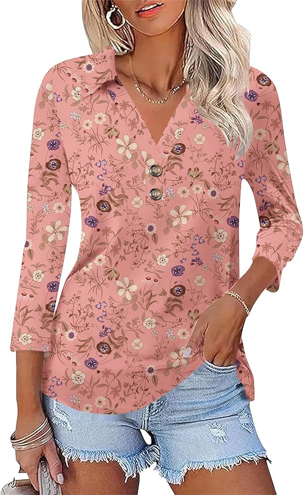 Womens 3/4 Sleeve V Neck T Shirt Floral Collared Button Down Shirts for Women S-XXL