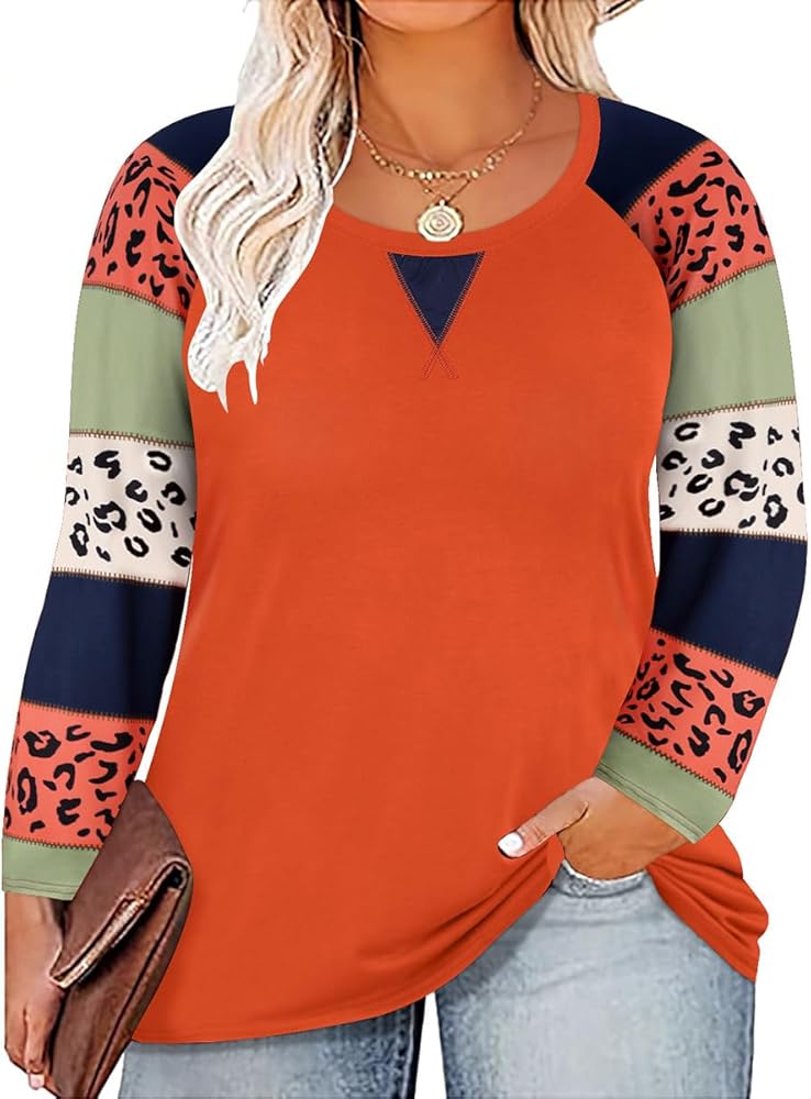 RITERA Plus Size Shirts for Women Leopard Print Color Block Raglan Tunic Long Sleeve Winter Sweatshirt Creweck Loose Fit Pullover Oversize Casual Tshirt Henley Blouse Caramel Shirt 1X 1Xl