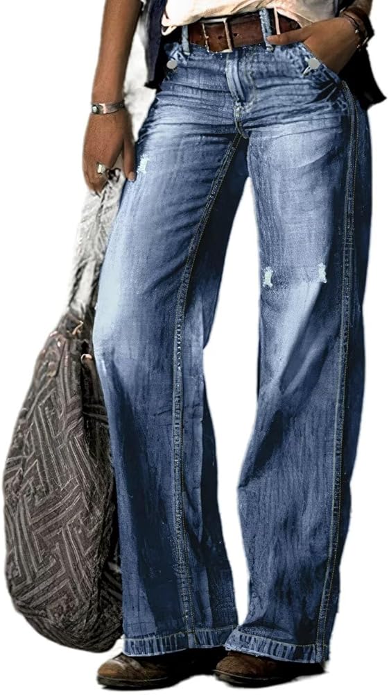 Flamingals Straight Leg Jeans for Women Ripped Raw Hem Mid Waisted Bootcut Jeans Without Belts