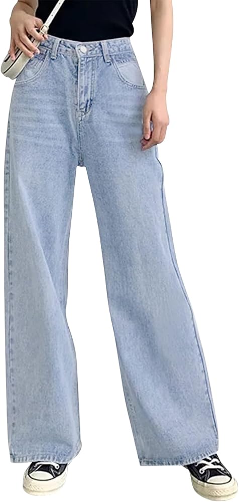 Women's Wide Leg Denim Jeans High Waisted Loose Straight Ripped Distressed Stretchy Baggy Denim Pants