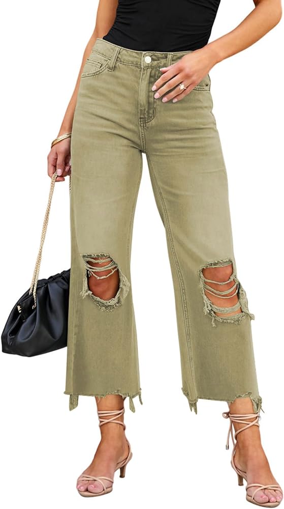 LOLONG High Waisted Ripped Flare Jeans for Women Casual Distressed Pants