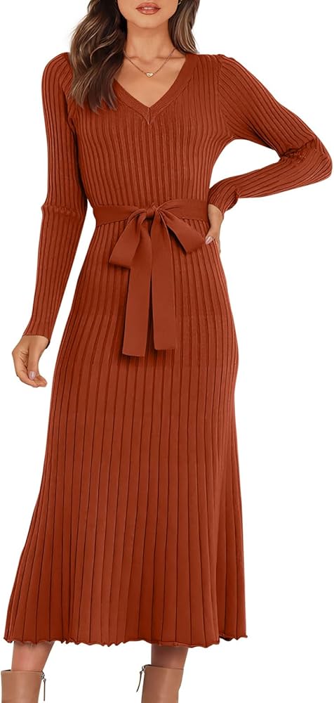 ANRABESS Women Long Sleeve V Neck A-line Tie Waist Slim Fit Ribbed Knit Bodycon Midi Sweater Dress 2024 Fall Trendy Outfits