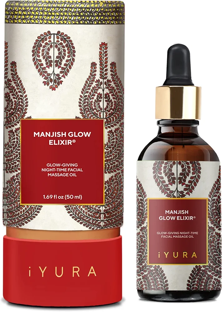 iYURA Manjish Glow Elixir - Traditional Glow-Boosting Face Moisturizer for an Instant Dewy Glow & Clear-looking skin – Lightweight, 100% Natural Nighttime Face Oil, 1.69 fl oz