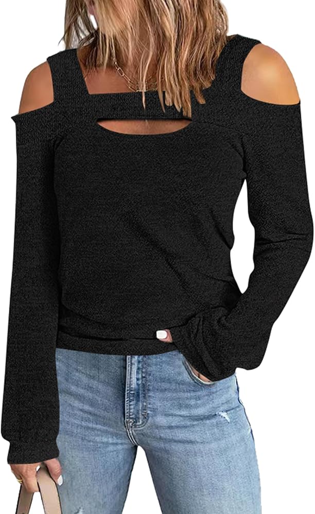 Women's Cold Shoulder Tops Long Sleeve Casual Shirts Cut-Out Top Tunic Blouse Tshirt S-2XL