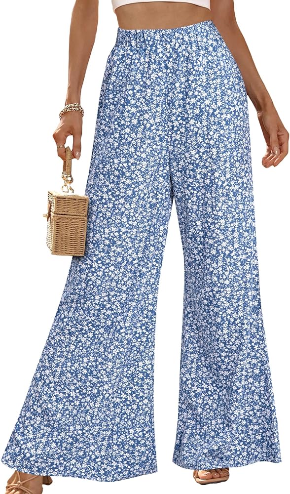 Women Boho Floral Palazzo Pants Elastic High Waist Lounge Pant Summer Wide Leg Trousers with Pocket