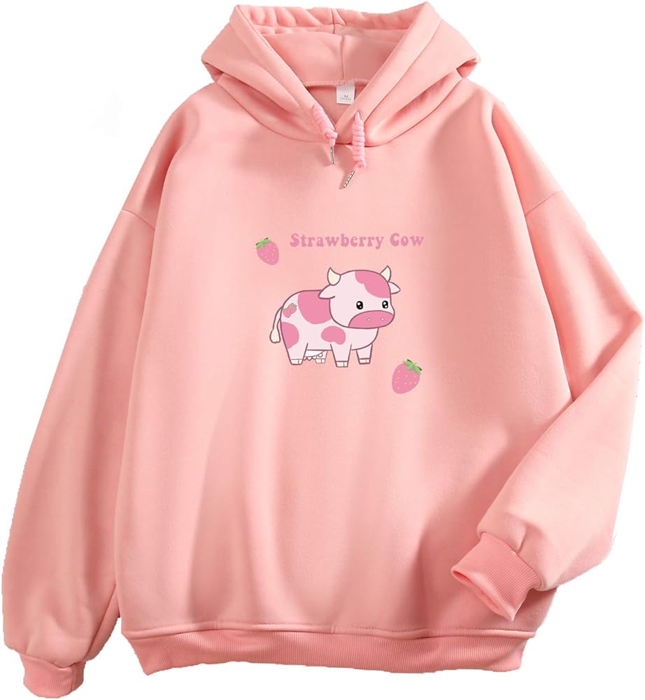 KEEVICI Pullover Sweatshirts for Women Cute Strawberry Cow Print Hoodie Casual Fuzzy Top