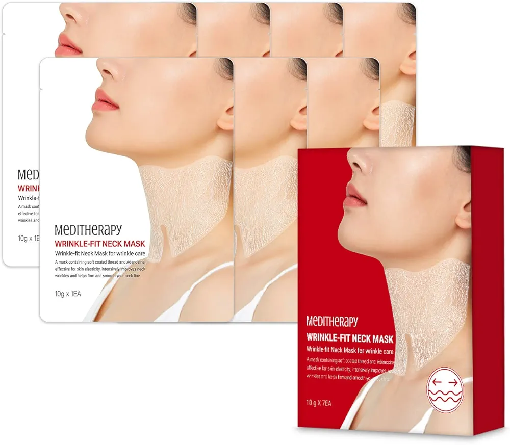 MEDITHERAPY Wrinkle fit Korean Mesh Sheet Masks for Neck (7EA), Collagen Mesh Sheet Mask for Neck Care, Hyaluronic acid Neck Mask, Korean Skincare