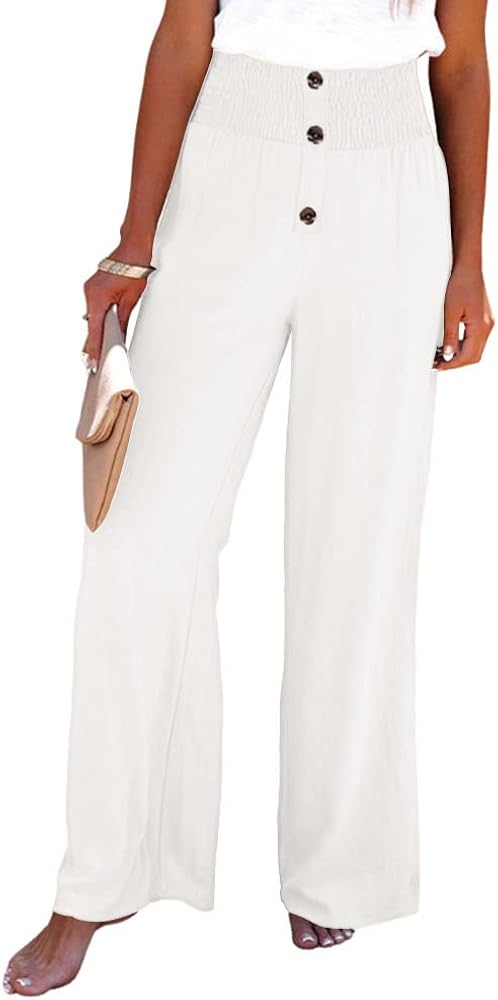 utcoco Womens Casual Cotton Linen High Waist Button Wide Leg Palazzo Pants