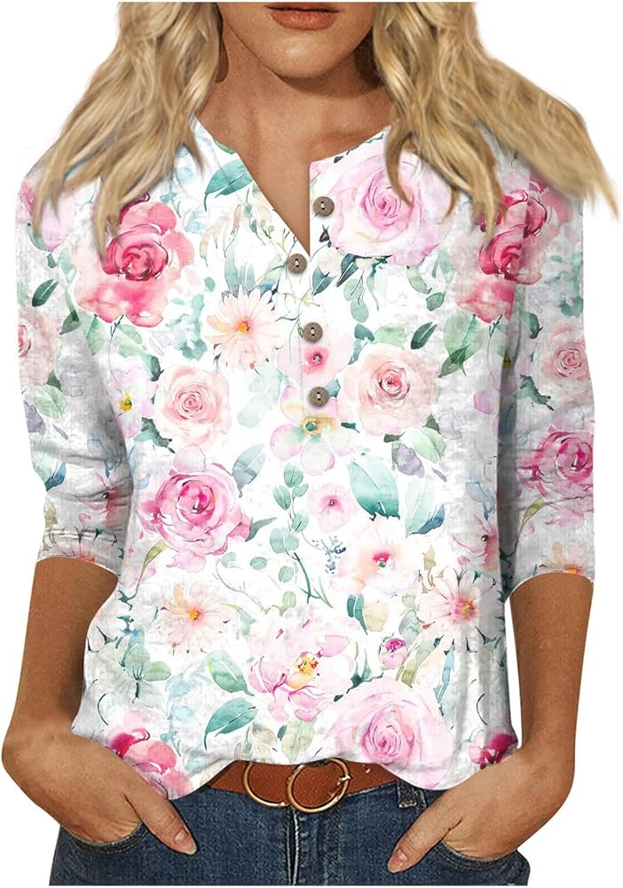 Womens Tops 3/4 Sleeve Shirts V Neck Button Down Loose Casual Blouses Floral Print Tshirts