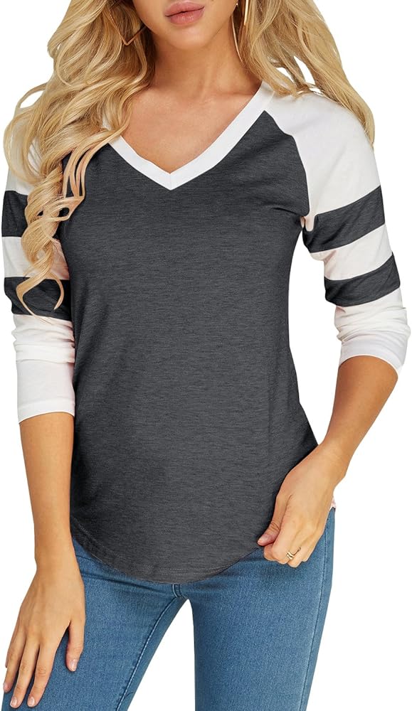 Foshow Womens Long Sleeve Baseball Tee Jersey Striped V Neck Blouses Tee Shirts