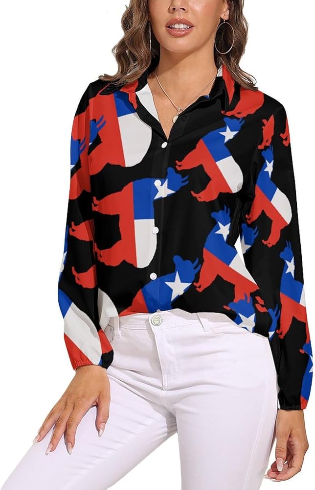 Chile Flag Llama Women's Long-Sleeve Shirt Button Down Tees Blouse Vintage Casual Tops