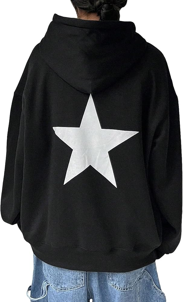 SOLY HUX Women's Star Letter Print Graphic Oversized Hoodies Drawstring Long Sleeve Pocket Pullover Sweatshirt Black Letter S