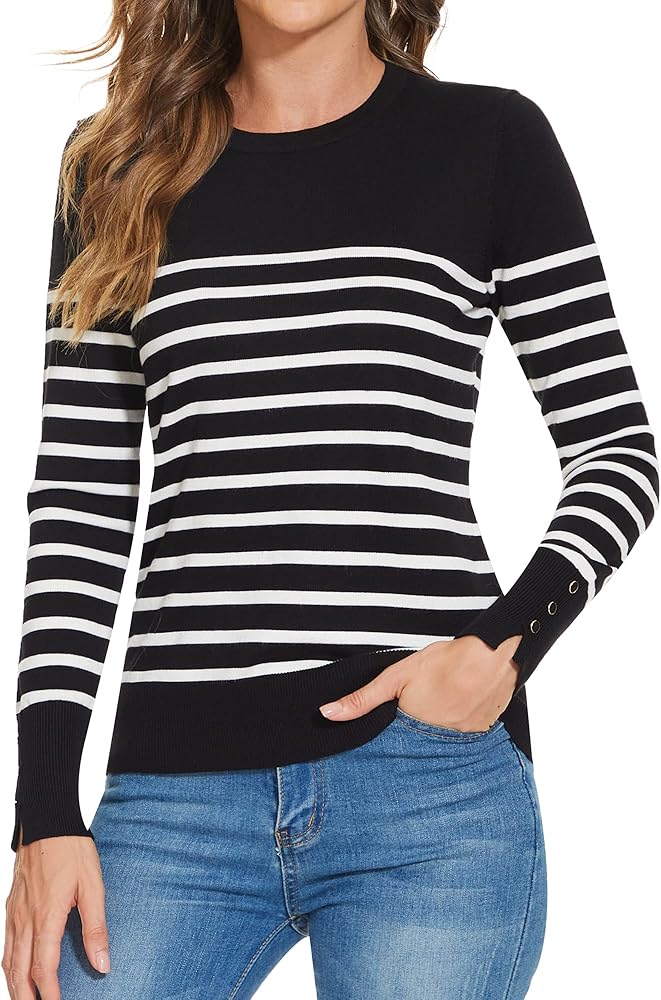 Sweaters for Women Striped Crew Neck Pullover Sweater Lightweight Long Sleeve Fall Knit Tops