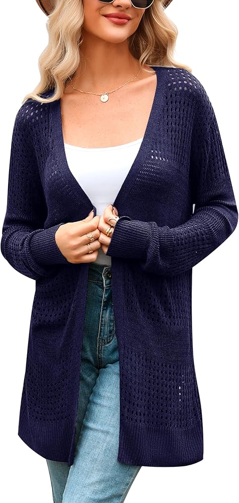 Totatuit Womens Oversized Sweaters Cardigans Long Casual Lightweight Long Sleeve Hollowed Out Crochet Knit Open Front