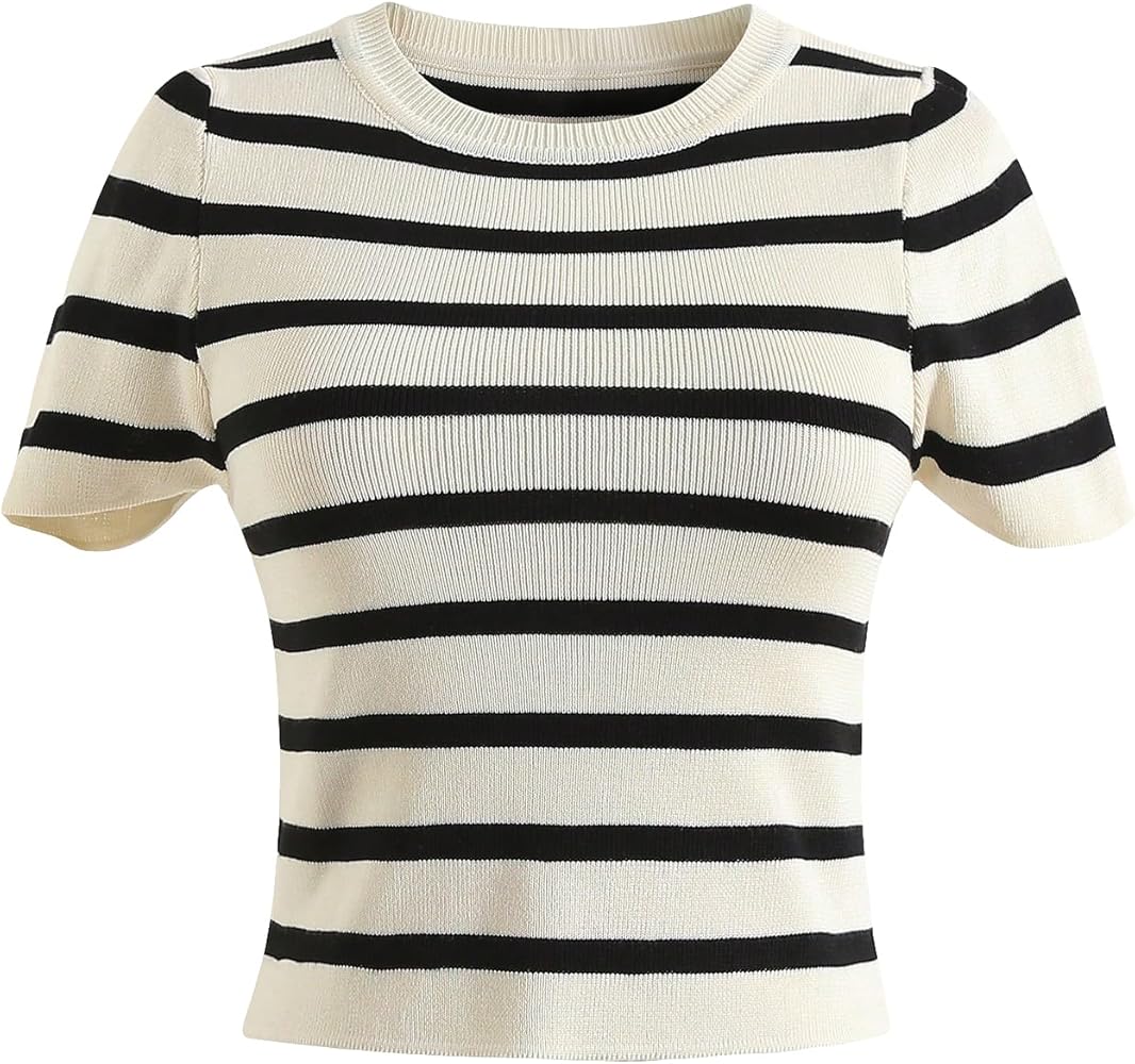 Verdusa Women's Striped T Shirts Short Sleeve Crop Tee Top Slim Fitted Knit Tops