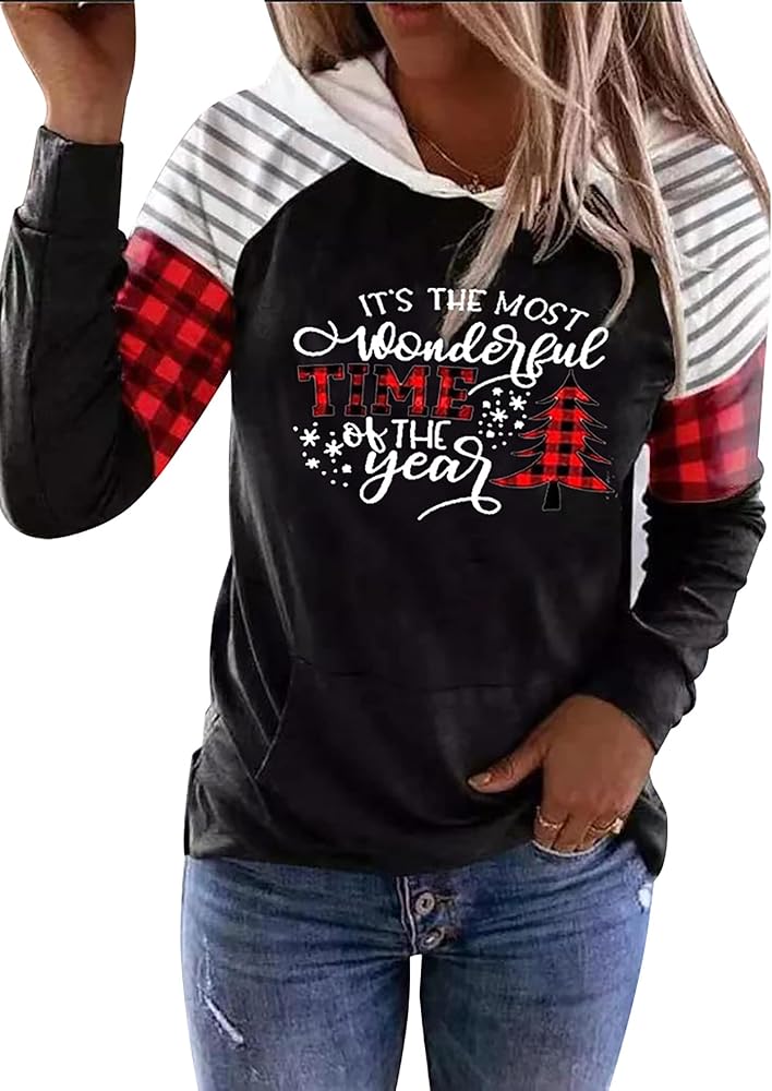 Merry Christmas Hoodies Women Xmas Buffalo Plaid Trees Blouse Tops Splicing Long Sleeve Holiday Sweatshirt