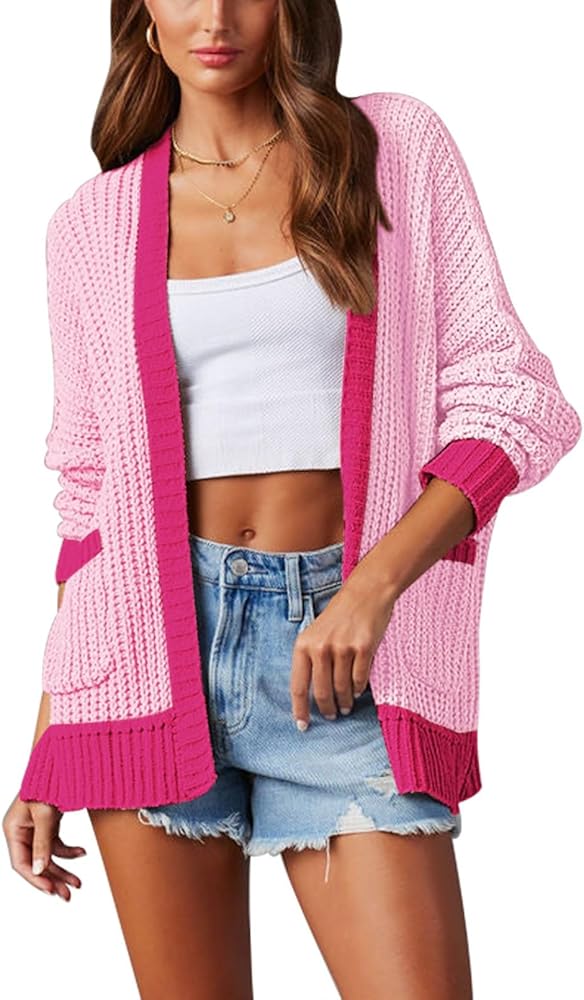 Pink Queen Casual Loose Color Block Sweater Cardigan for Women Trendy Fall Long Sleeve Open Front Cable Knit Cardigan Sweater with Pockets Pink M