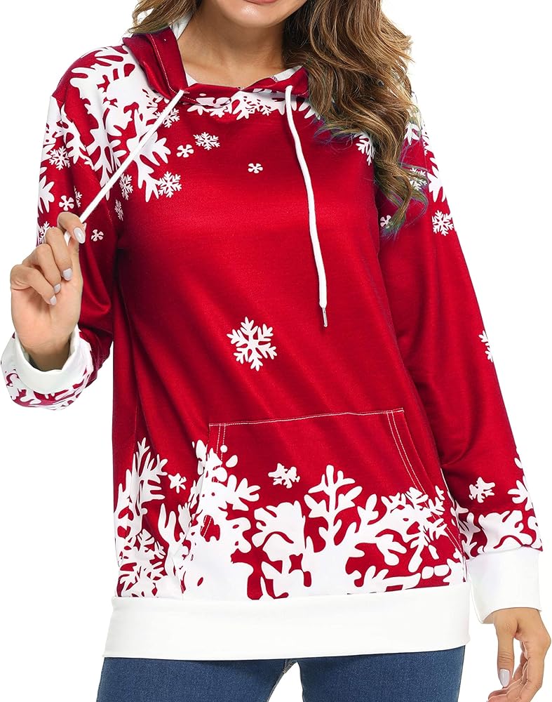 LOTUCY Christmas Sweatshirt Women Snowflake Graphics Hoodie with Pocket Xmas Pullover Tops