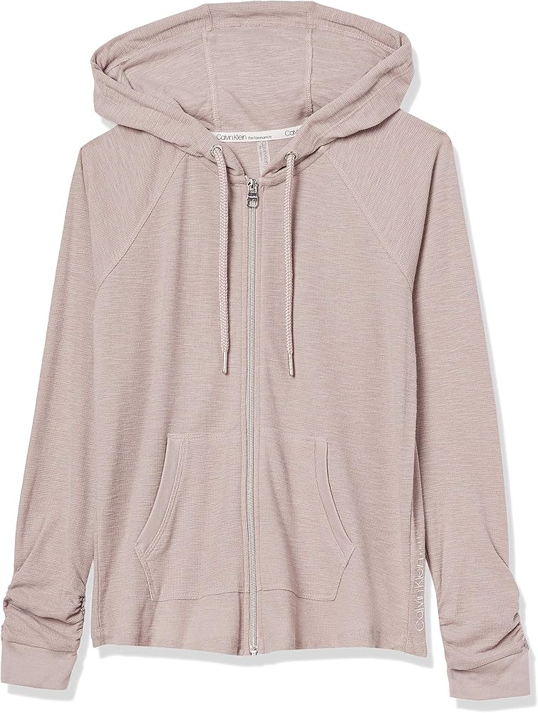 Calvin Klein Women's Tall Plus Size Ruched Long Sleeve Zip Front Hoodie, Evening Sand, X-Small