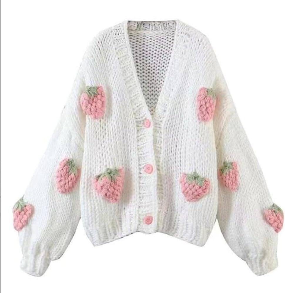 Women's Sweet Japanese Strawberry Embroidered Knit Cardigan Top Korean Retro Elegant Cute Kawaii Coat