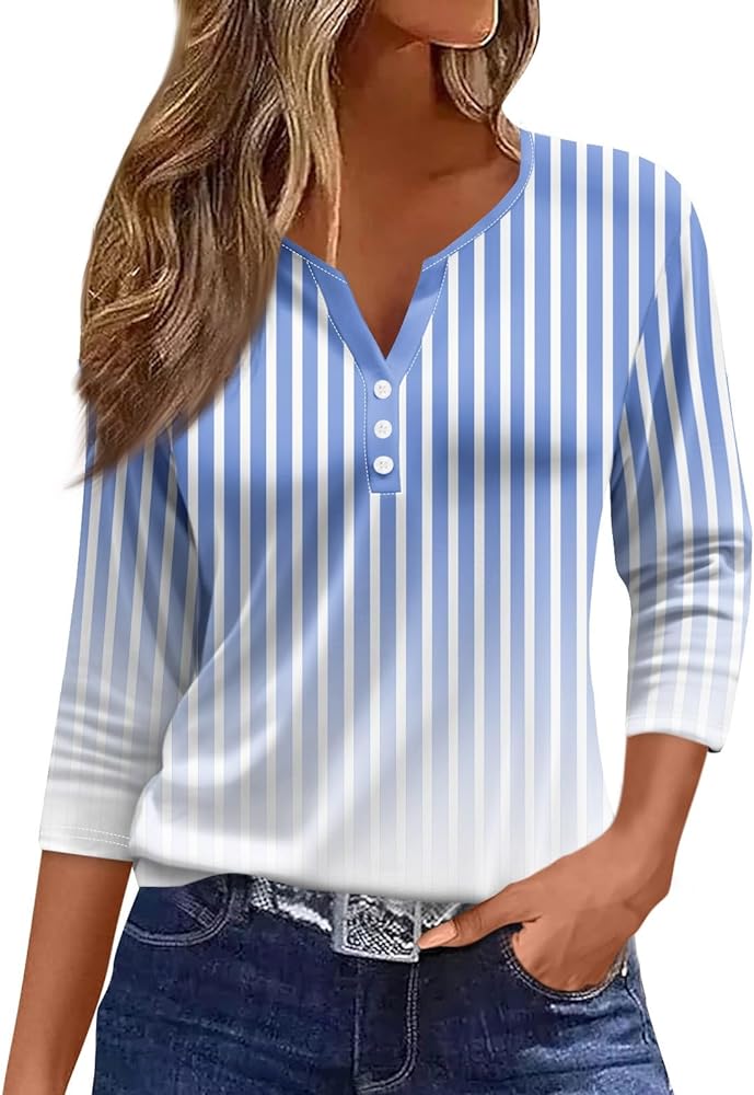 YUTANRAL 3/4 Length Sleeve Womens Tops Dressy Casual Summer Tops for Women 2024 Trendy Button V Neck T Shirts Comfy Tunic