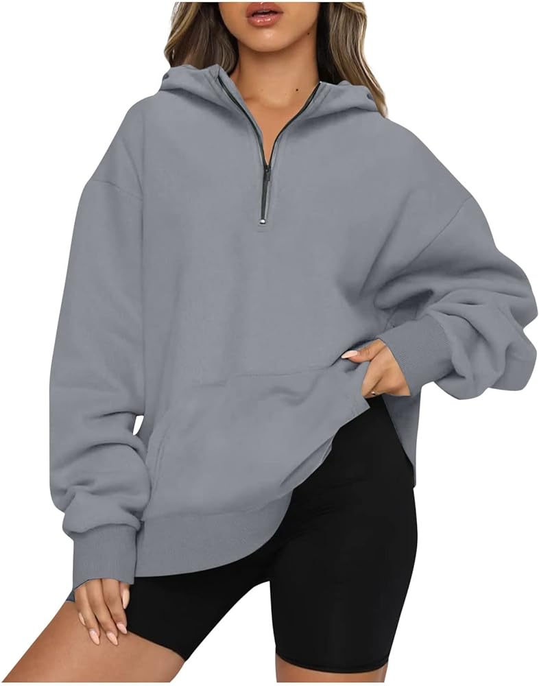 Fall Fashion for Women 2023 Oversized 1/4 Zip Pullover Tops Long Sleeve Casual Y2k Hoodie Sweater Cute Crewneck Sweatshirts Y2k Women Clothing Trendy Hoodies For Women Aesthetic(C Gray,XX-Large)