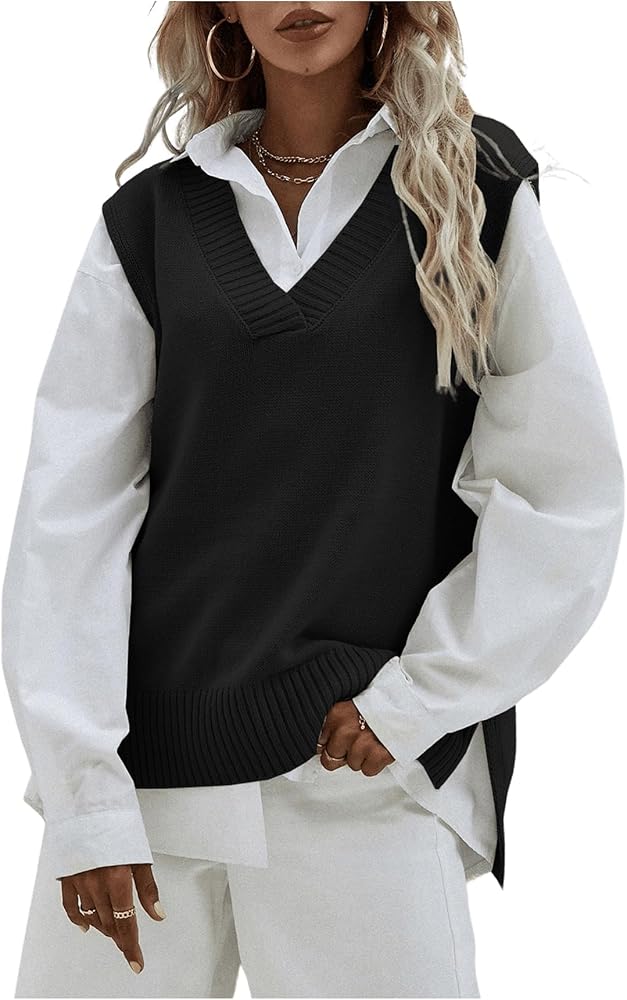 SweatyRocks Women's Sleeveless V Neck Ribbed Knit Split Pullover Sweater Vest