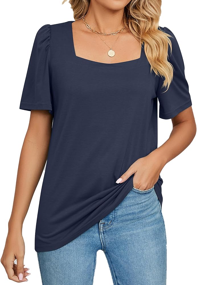 Womens Tops Short Sleeves Square Neck Tshirts Summer Casual Blouses Tees