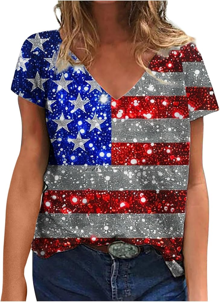 Womens 4th of July Shirts Vivid Glitter American Flag Graphic V Neck Blouses Patriotic Plus Size Short Sleeve Tops