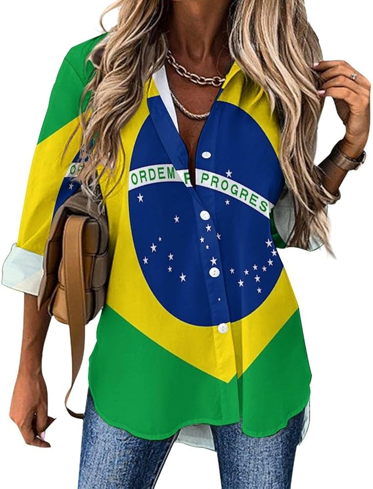 Brazilian Flag Classic Shirts for Women Long Sleeve Blouse Casual V Neck Tee Tops Work Office