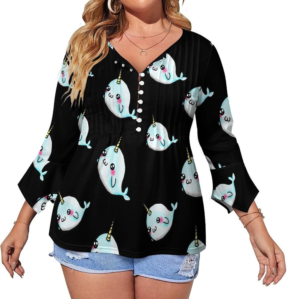 Cute Unicorn Whale Cute Womens T-Shirts 3/4 Sleeve Button Down Tee Tops Blouse Summer Beach