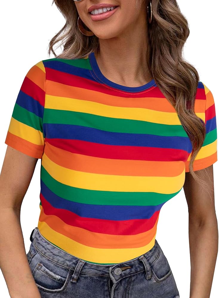 LilyCoco Womens Rainbow Striped Shirt Short Sleeve Colorblock Tops Crew Neck Fitted Tshirts