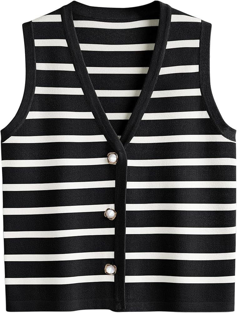 Striped Sweater Vest Women Summer Sleeveless V Neck Button Up Knit Vests Tank Tops 2024