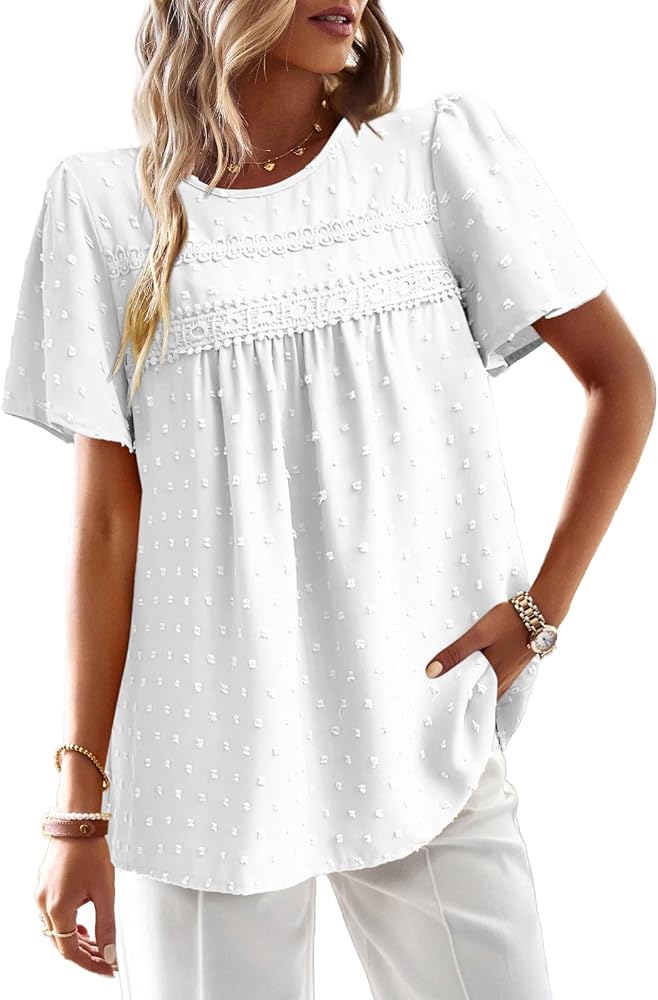 Women's Summer Tops Trendy Short Sleeve Crewneck Swiss Dot Ruffle Blouses Casual Loose Babydoll Tunic Shirts