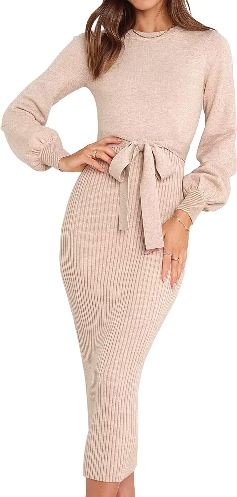 HAEOF Womens 2024 Fall Sweater Dress Elegant Ribbed Knit Crewneck Long Puff Sleeve Winter Bodycon Formal Midi Dresses