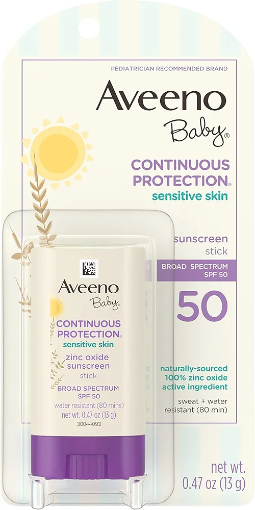 Aveeno Baby Continuous Protection Mineral Sunscreen Stick for Sensitive Skin with Broad Spectrum SPF 50 Protection for Face & Body, Naturally Sourced 100% Zinc Oxide, Travel Size, 0.47 oz