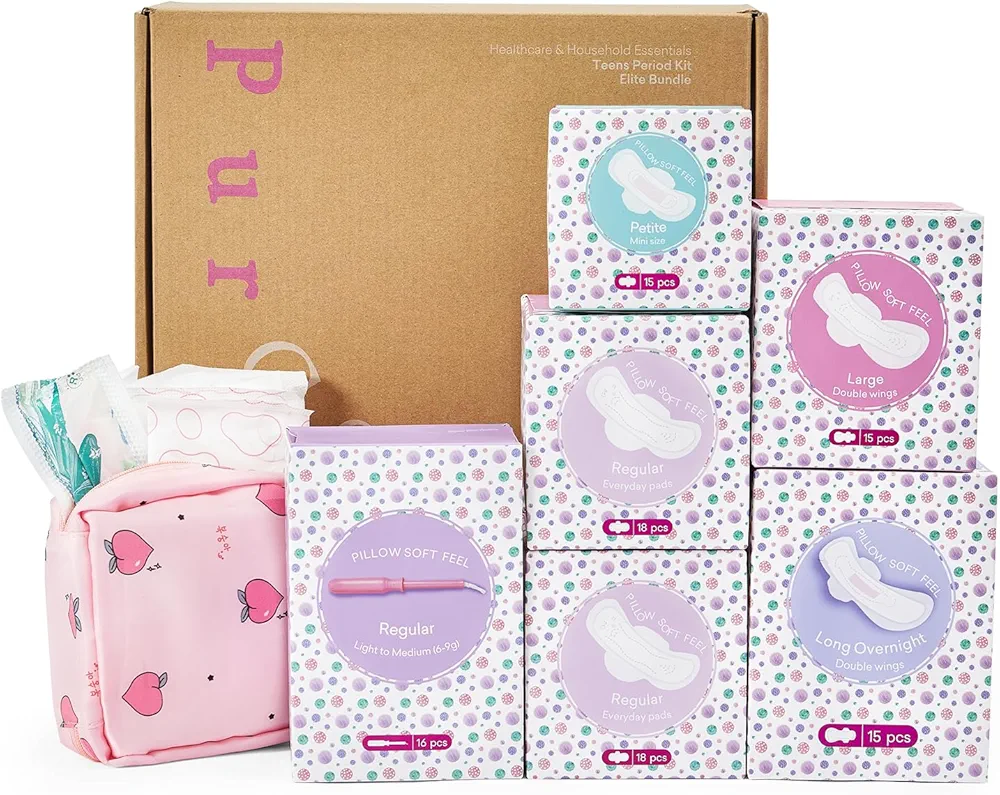 Teens First Period Elite Kit for Girls 9-10-11-12-14, 98pcs Period Pads for Tweens Teens, Menstrual Pad Box for Girls Period Kit for School, 4 Essential Size Pad, Regular Tampon, Period Bag