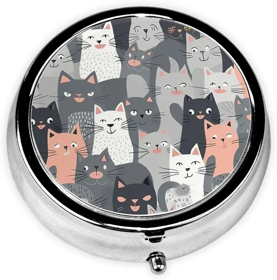 Pill Box Pill Case 3 Compartment Cute Funny Grey Cats Pattern Print Cute Round Pill Organizer Portable Travel Medicine Organizer Stores For Purse Pocket