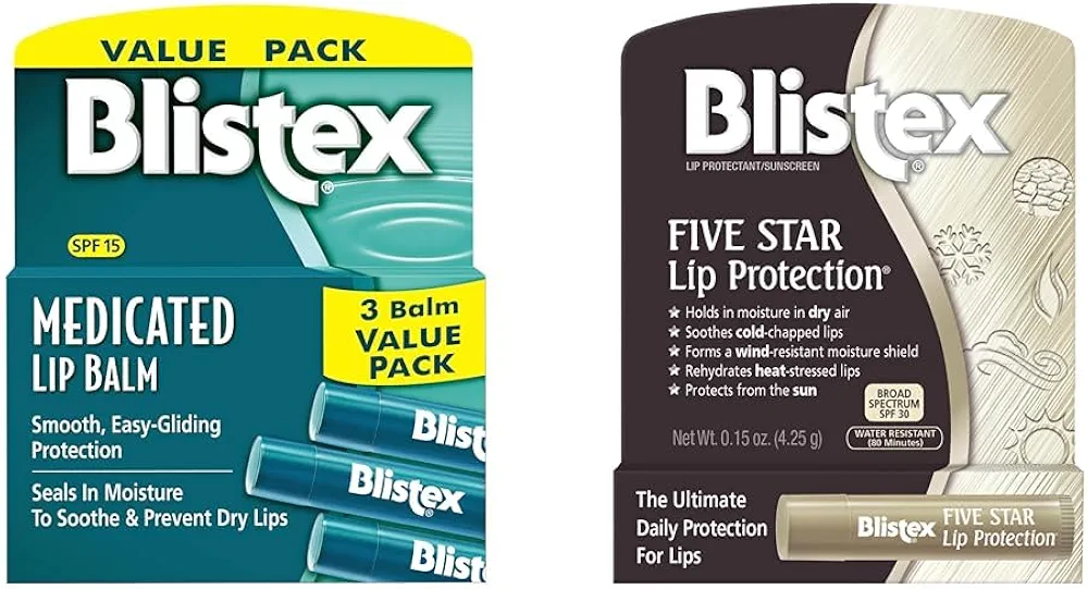 Blistex Medicated Lip Balm, 0.15 Ounce, 3 Count (Pack of 1) Prevent Dryness & Chapping, SPF 15 & Five Star Lip Protection Balm, 0.15 Ounce – Wind & Water-Resistant Lip Care