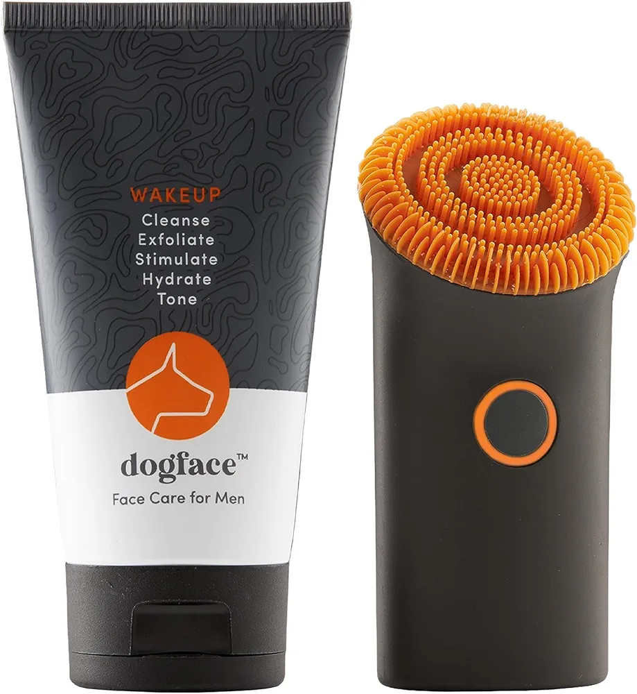 Dogface Essentials Kit- Technobrush & Wakeup Gel Cleanser 5.3oz- Mens Red Light Electric Facial Brush, Silicone Bristles Exfoliate & Cleanse Skin, Daily Face Wash Cleanser Stimulates, Hydrates & Tones